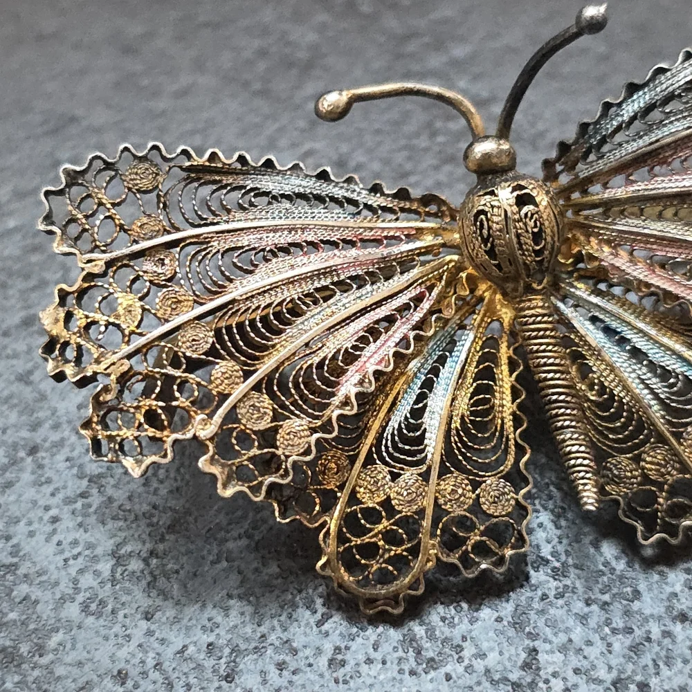 Vintage Italian 800 Silver Filigree Butterfly Brooch with a gold wash (vermeil)